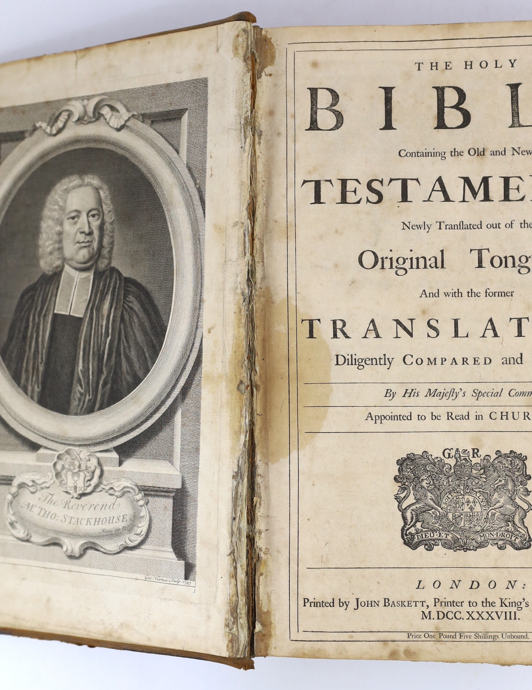 Holy Bible - Biblia dat is De gantsche H. Schrifture ... pictorial engraved title, d-page maps and a plan, engraved plates (with multi images): old leather with panelled spine, folio. Dordrecht & Amsterdam, 1686